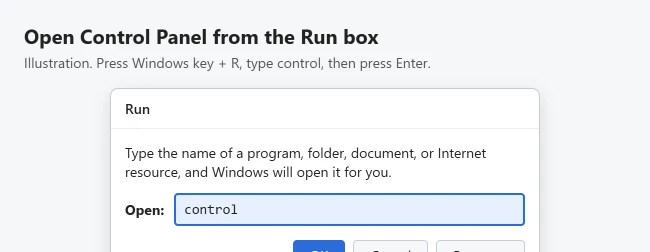 How to Open Control Panel in Windows 11 3 Illustration of the Windows Run box with control typed in the Open field