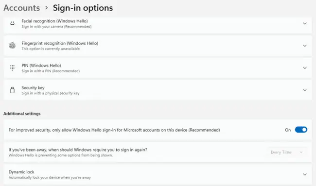 How to Remove the Password From Windows 11 2 Windows 11 Sign-in options page showing the Windows Hello only setting turned on and the sign in again option grayed out