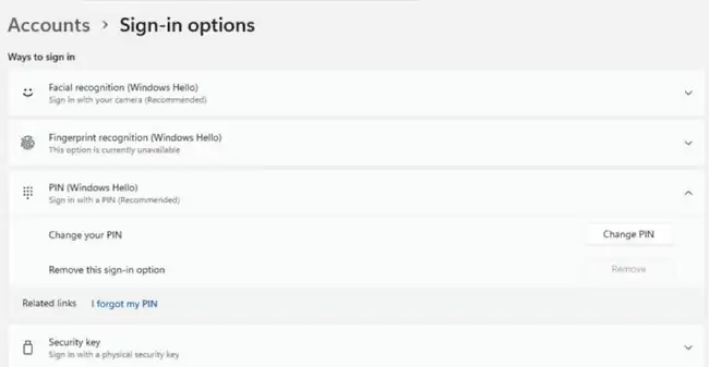 How to Change Your PIN on Windows 11 2 Windows 11 Sign-in options with PIN (Windows Hello) expanded, showing the Change PIN button and the I forgot my PIN link