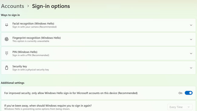 How to Set or Change Your Password on Windows 11 1 Windows 11 Sign-in options with Windows Hello-only sign-in enabled and no Password entry shown
