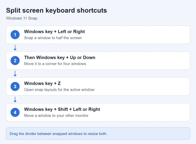 How to Split Screen on Windows 11 1 Windows 11 split screen shortcuts: Windows key plus Left or Right to snap, Windows key plus Up or Down for corners, Windows key plus Z for snap layouts, and Windows key plus Shift plus arrow to move to another monitor