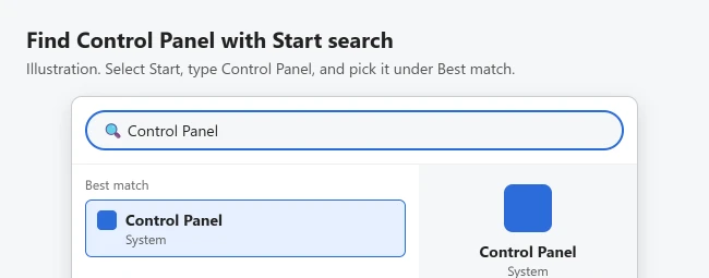 How to Open Control Panel in Windows 11 1 Illustration of Windows 11 Start search with Control Panel typed and Control Panel shown under Best match
