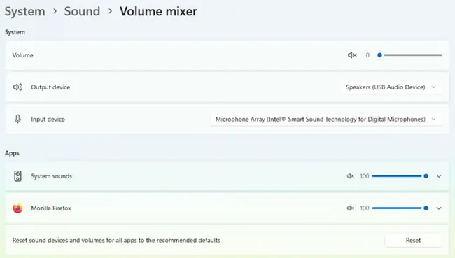 How to Open Volume Mixer in Windows 11 2 Windows 11 Volume mixer page in Settings with separate volume sliders for System sounds and Firefox