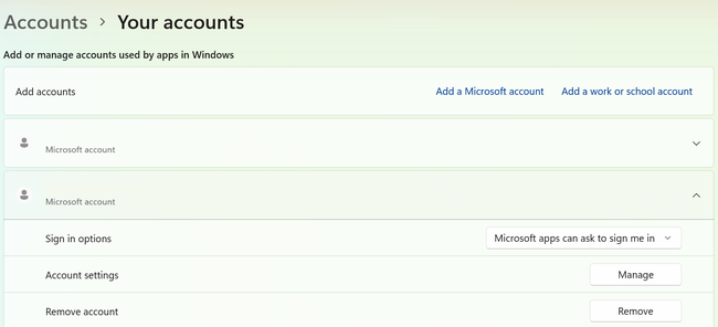 How to Remove a Microsoft Account From Windows 11 2 Remove account button for a Microsoft account on the Your accounts page in Windows 11 Settings