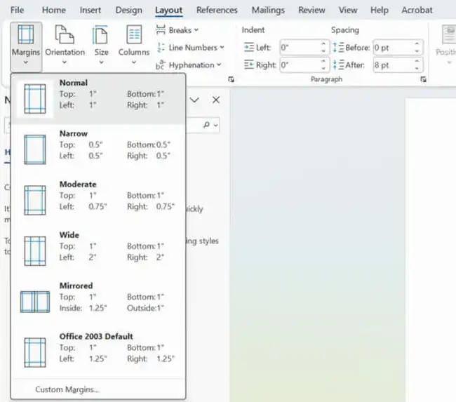 How to Set Word Margins and Create or Use Templates 1 Word Layout tab with the Margins menu open and Normal 1 inch margins at the top