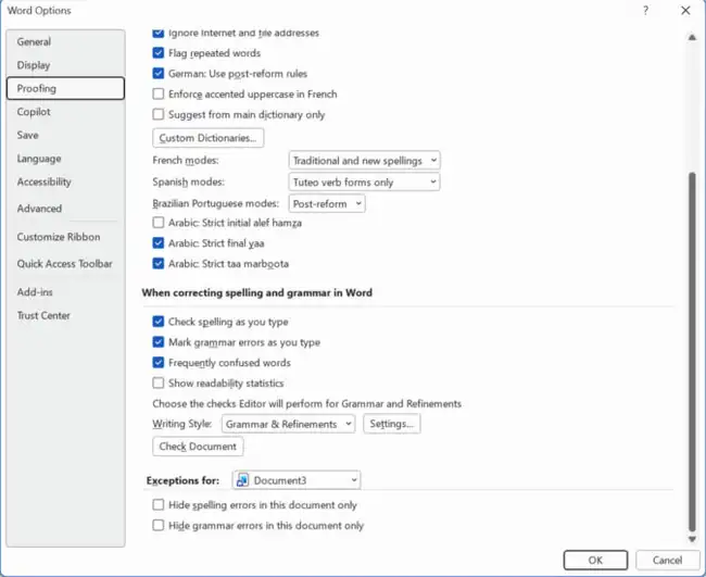 How to Turn On Spell Check in Word 1 Word Options Proofing screen with Check spelling as you type and Mark grammar errors as you type selected