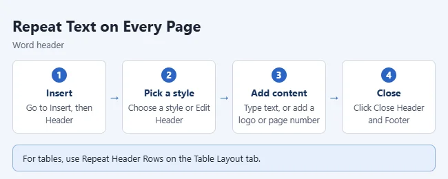 How to Repeat a Header on Each Page in Word 1 Steps to repeat a header on every page in Microsoft Word