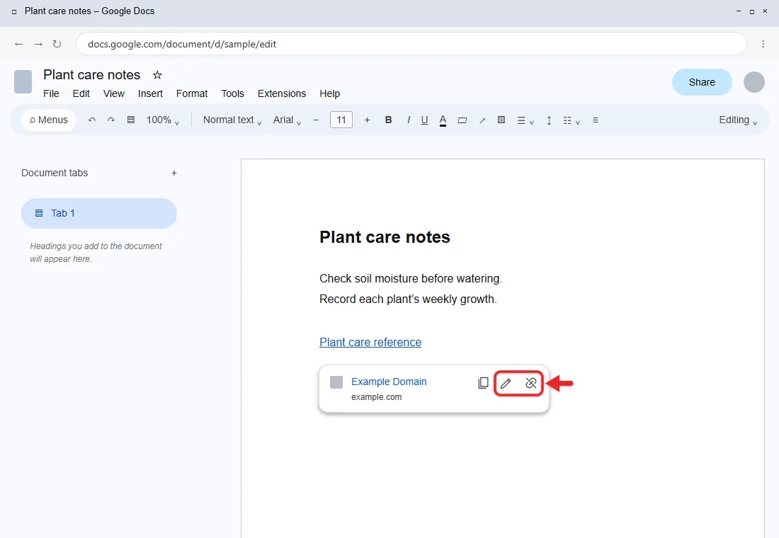 How to Add, Edit, or Remove a Hyperlink in Google Docs 2 Google Docs link box showing a web address with the Change and Remove icons