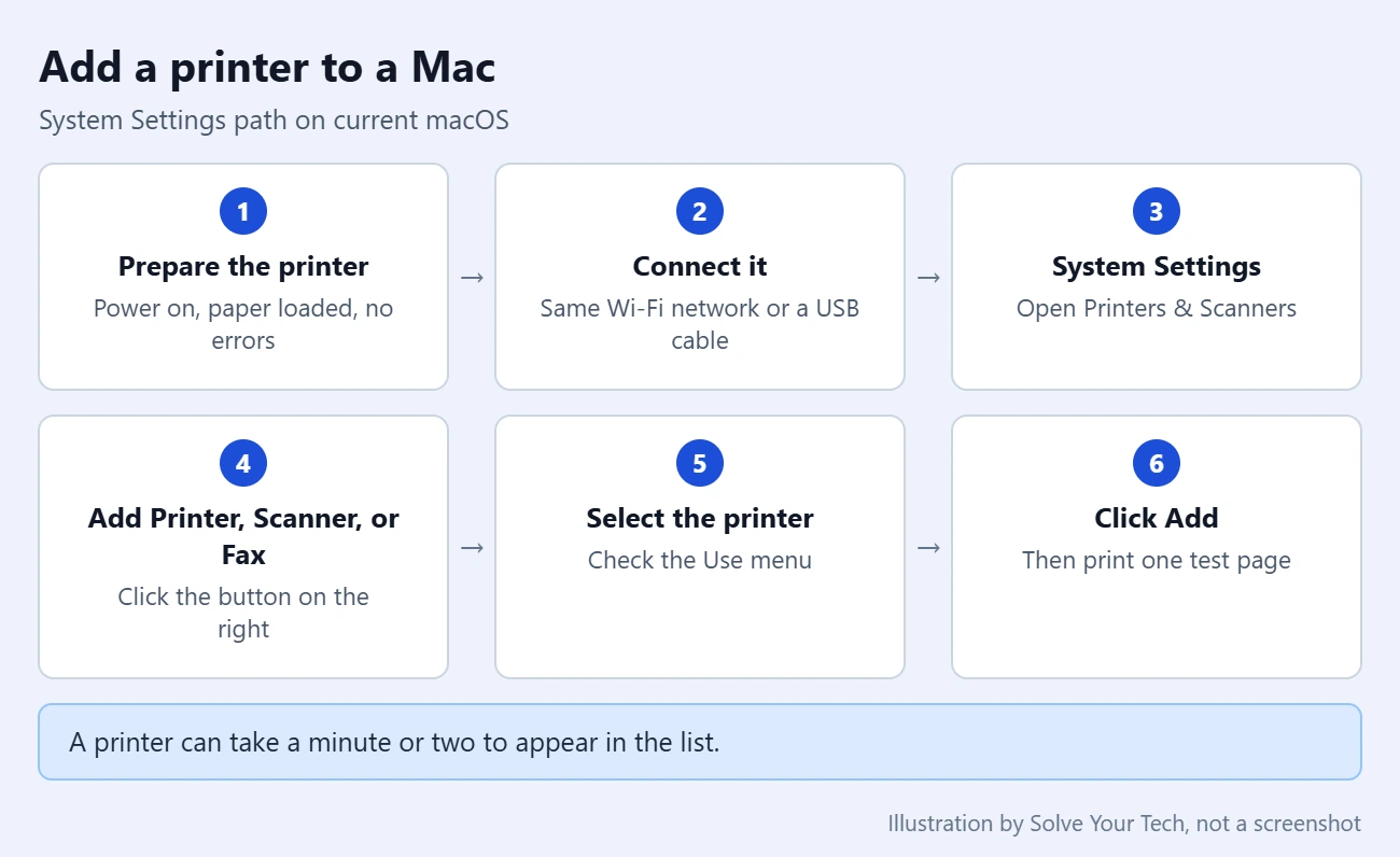 How to Add a Printer to a Mac 1 Six-step path for adding a printer on a Mac, from System Settings to the Add button
