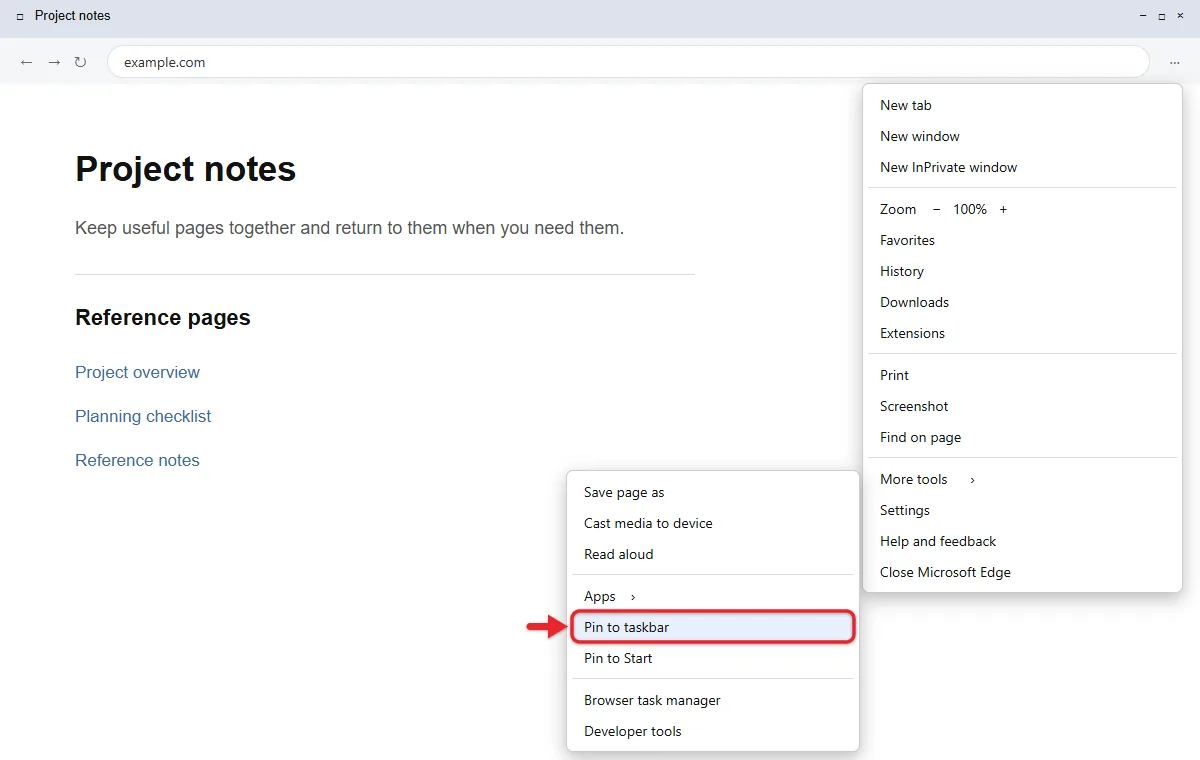 How to Add a Website to the Taskbar in Windows 11 2 Microsoft Edge Settings and more menu with More tools expanded and Pin to taskbar highlighted