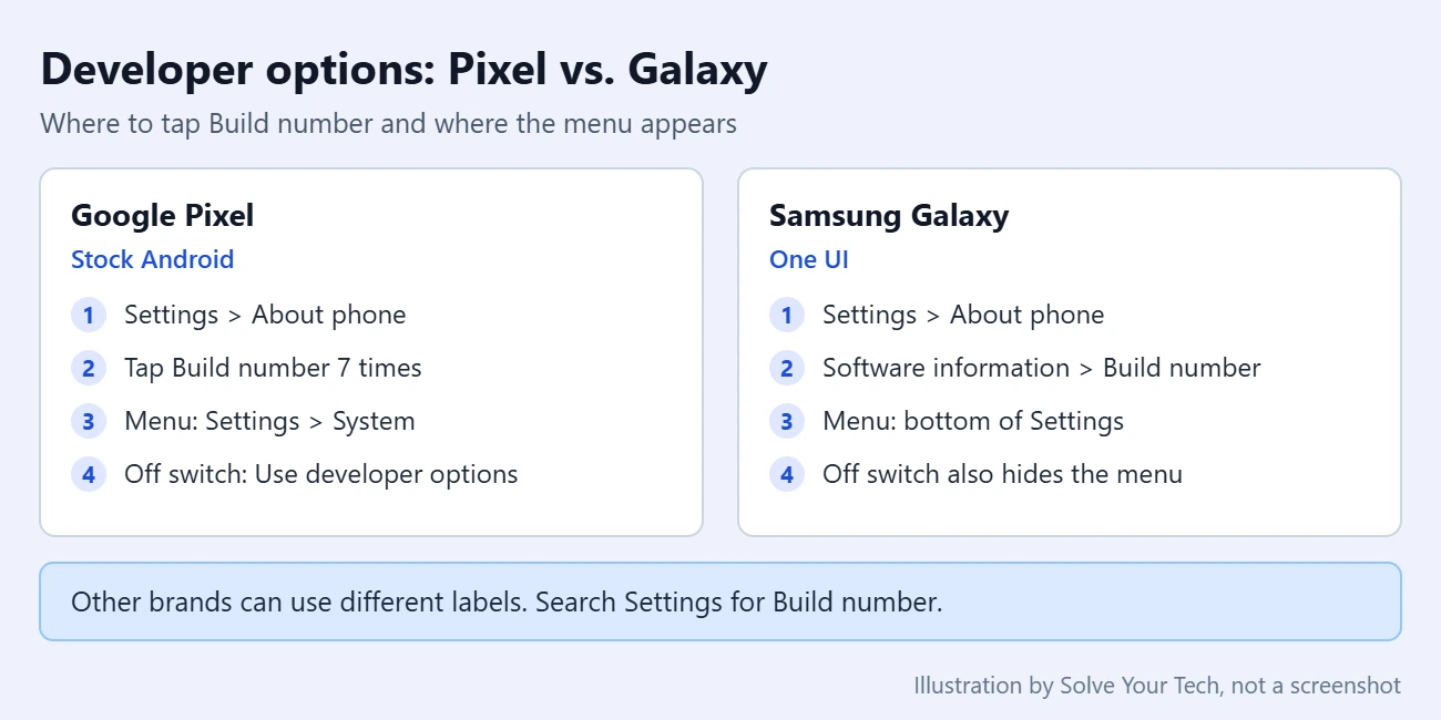 How to Enable Developer Options on Android 2 Comparison of where to find Build number and the Developer options menu on a Google Pixel and on a Samsung Galaxy phone