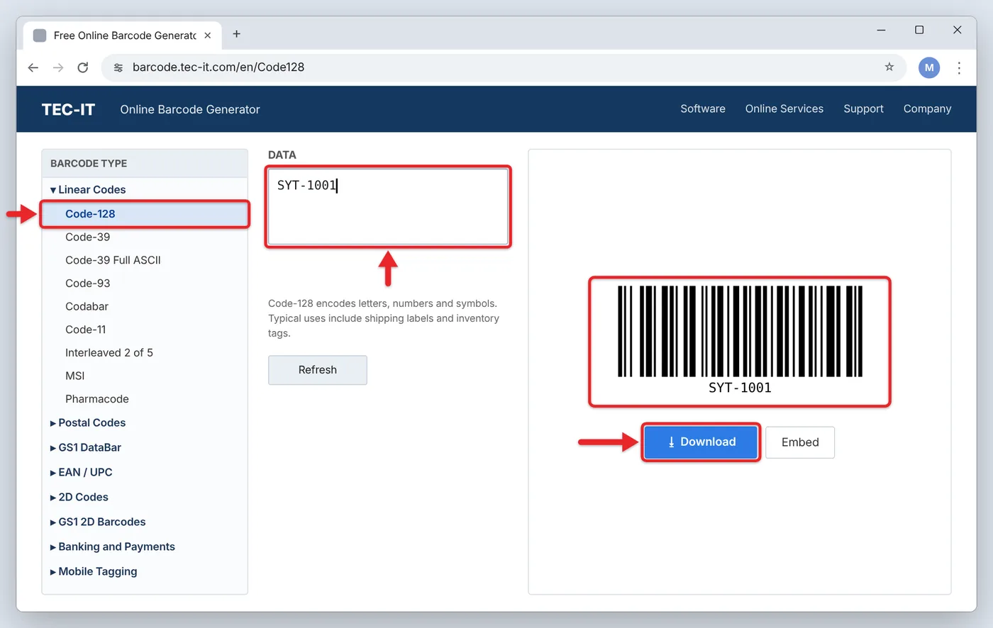 How to Make a Barcode for Free (Online, in Word, or With a Barcode Font) 1 TEC-IT online barcode generator with Code 128 selected and a custom barcode in the preview