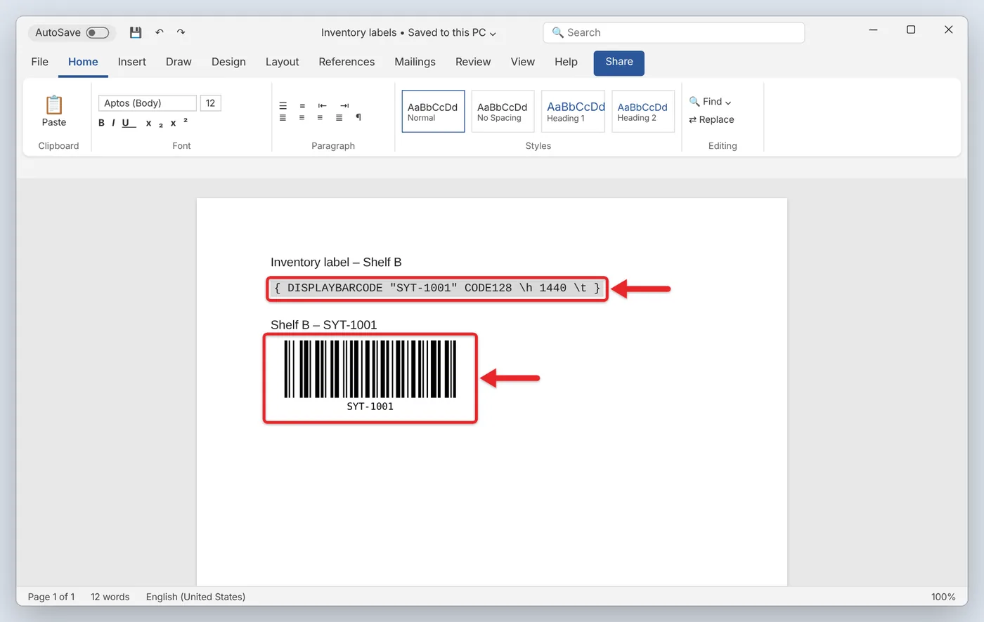 How to Make a Barcode for Free (Online, in Word, or With a Barcode Font) 2 DisplayBarcode field code in Word next to the barcode it produces