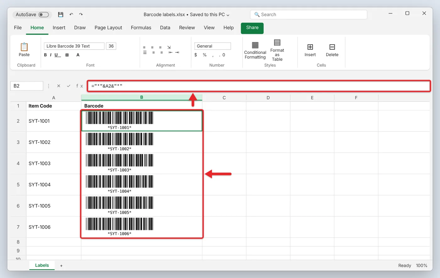 How to Make a Barcode for Free (Online, in Word, or With a Barcode Font) 3 Excel column showing Code 39 barcodes made with the Libre Barcode 39 Text font
