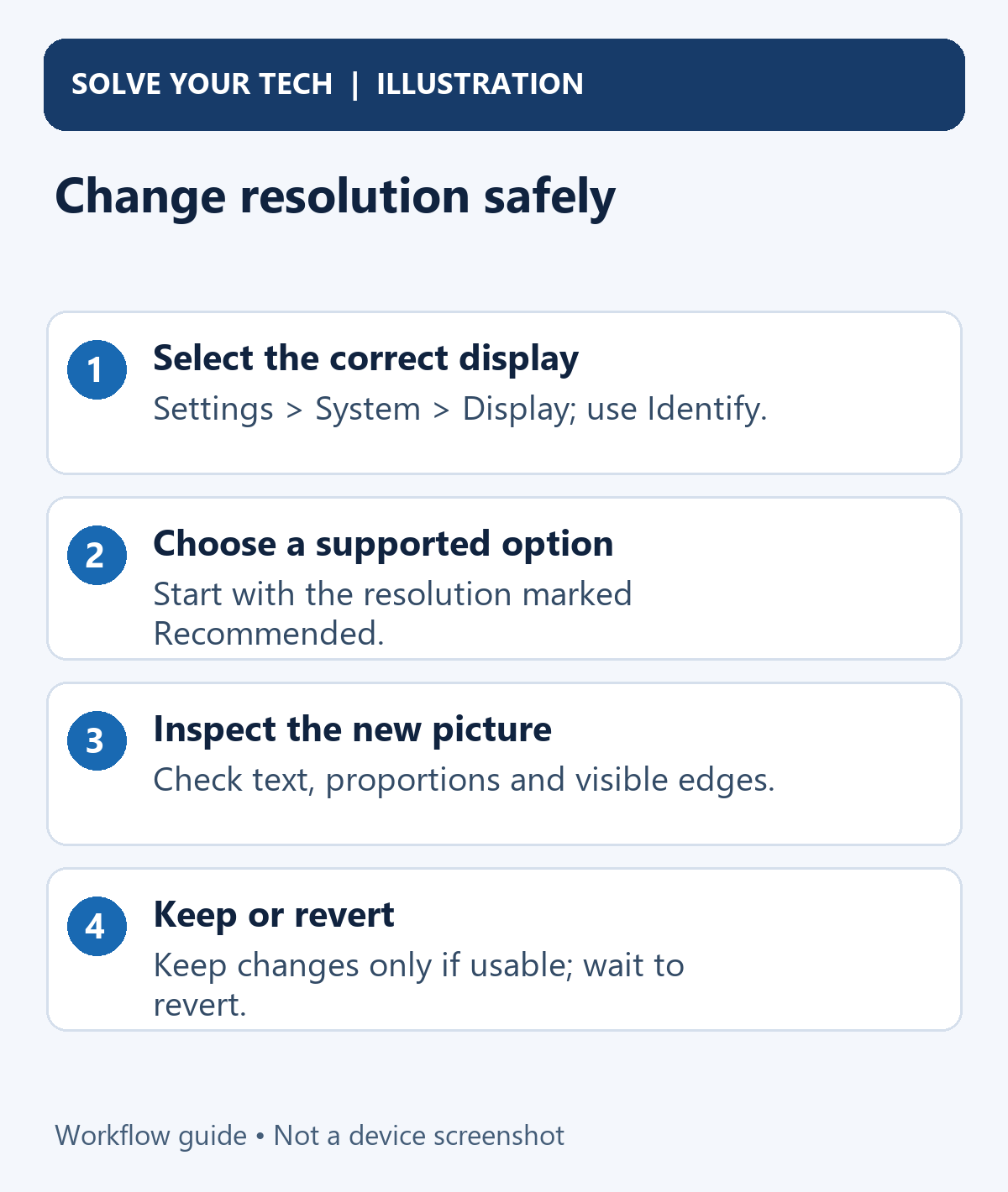 How to Change Screen Resolution in Windows 1 Change resolution safely. Select the correct display: Settings > System > Display; use Identify.. Choose a supported option: Start with the resolution marked Recommended.. Inspect the new picture: Check text, proportions and visible edges.. Keep or revert: Keep changes only if usable; wait to revert.
