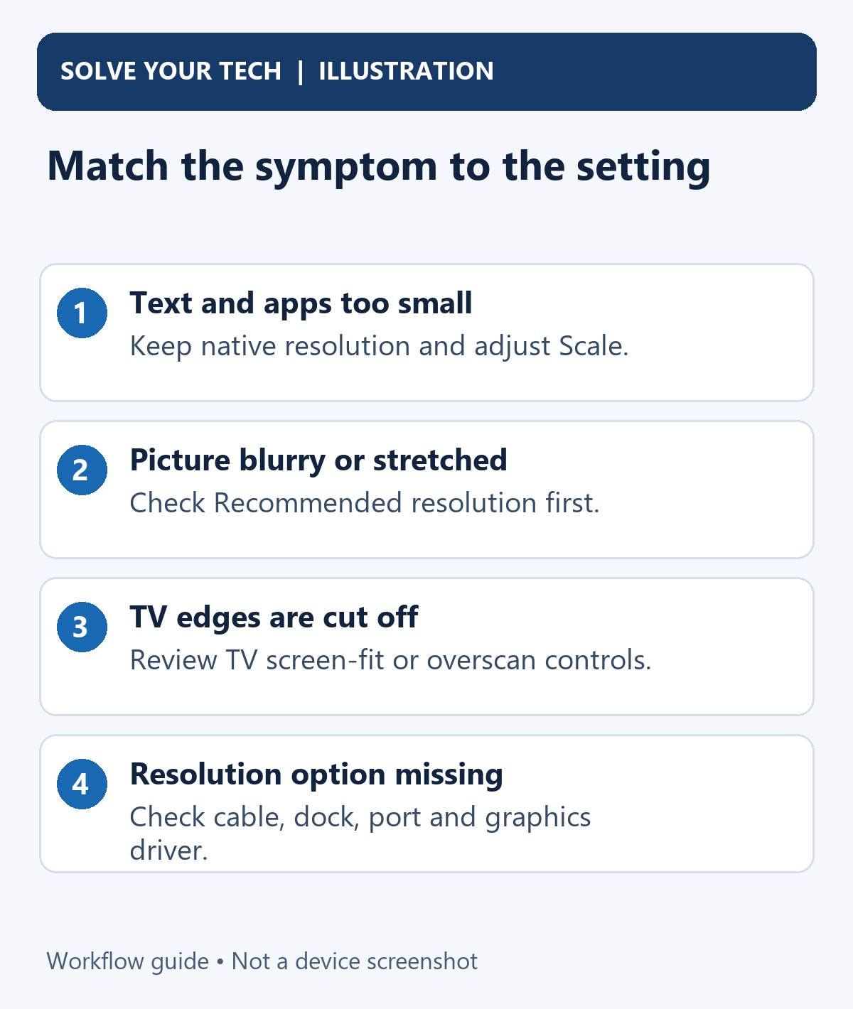 How to Change Screen Resolution in Windows 2 Match the symptom to the setting. Text and apps too small: Keep native resolution and adjust Scale.. Picture blurry or stretched: Check Recommended resolution first.. TV edges are cut off: Review TV screen-fit or overscan controls.. Resolution option missing: Check cable, dock, port and graphics driver.