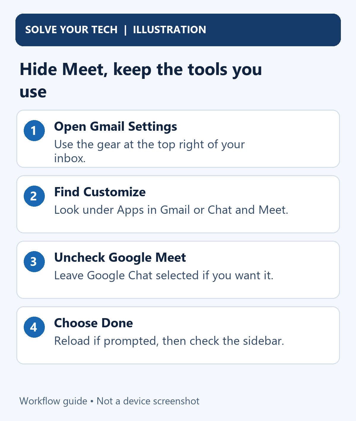 How to Hide the Meet Section in Gmail on a Laptop or Desktop 1 Hide Meet, keep the tools you use. Open Gmail Settings: Use the gear at the top right of your inbox. Find Customize: Look under Apps in Gmail or Chat and Meet. Uncheck Google Meet: Leave Google Chat selected if you want it. Choose Done: Reload if prompted, then check the sidebar.