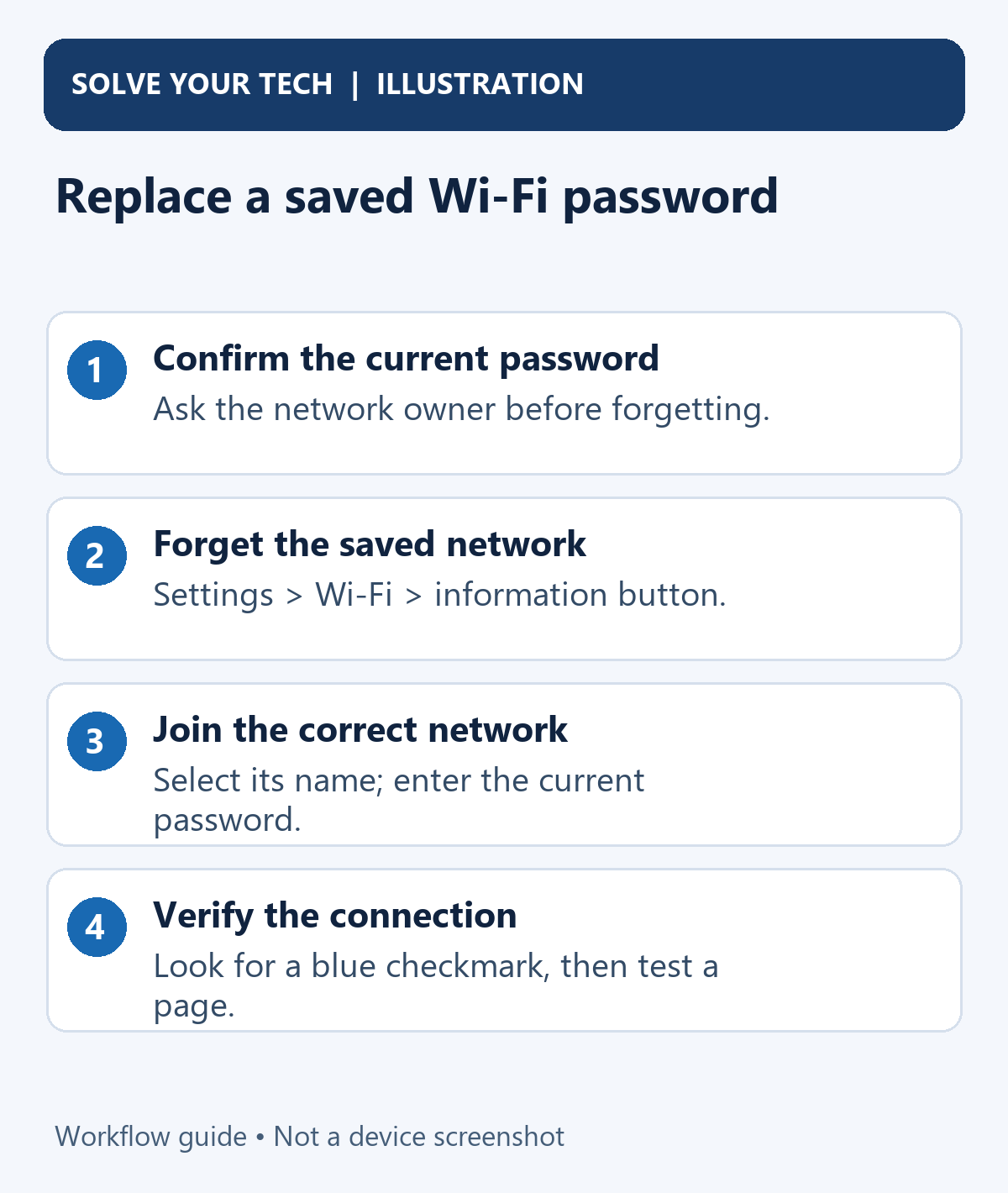 How to Fix a Wrong Wi-Fi Password on iPhone (Forget the Network) 1 Replace a saved Wi-Fi password. Confirm the current password: Ask the network owner before forgetting.. Forget the saved network: Settings > Wi-Fi > information button.. Join the correct network: Select its name; enter the current password.. Verify the connection: Look for a blue checkmark, then test a page.