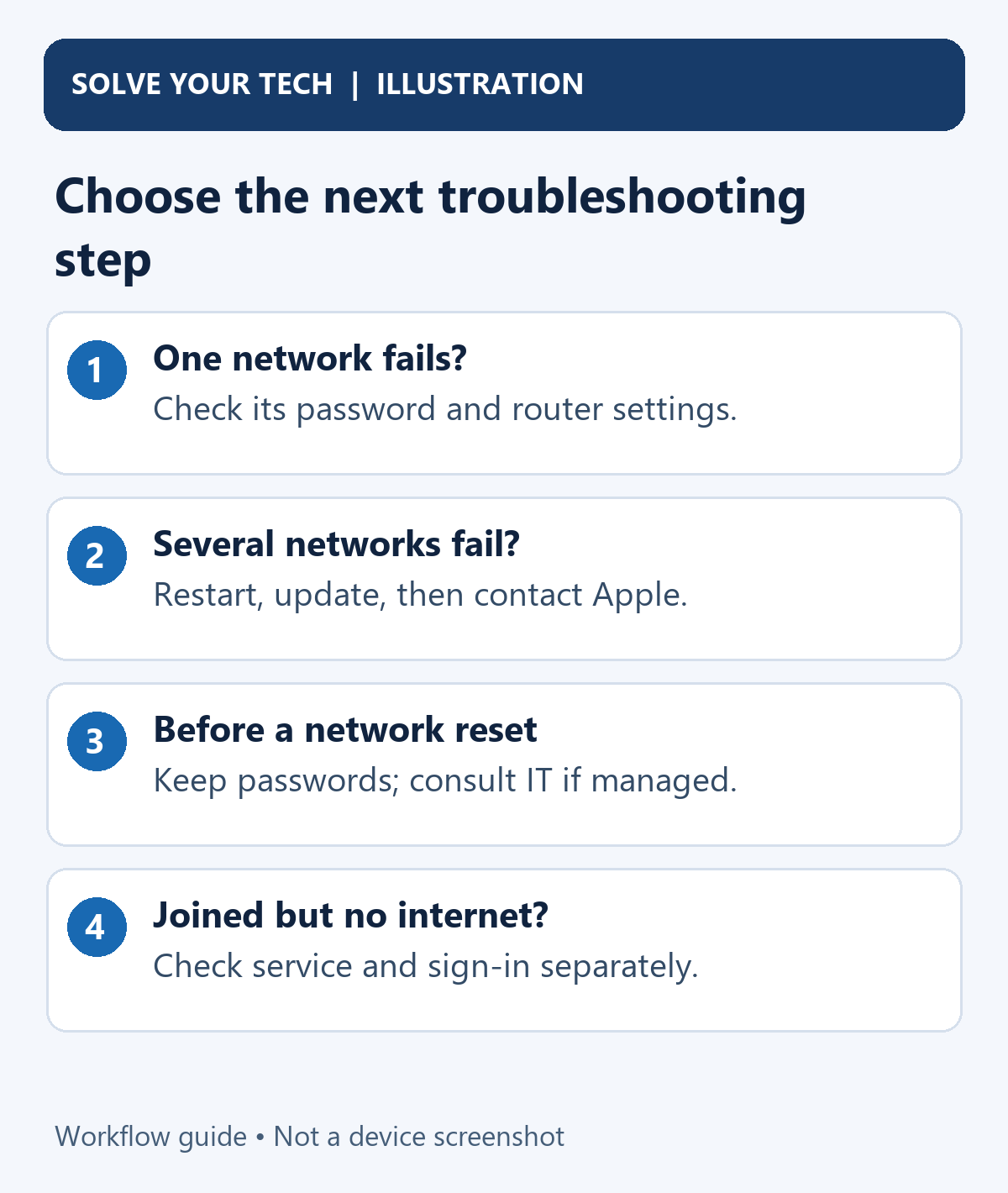 How to Fix a Wrong Wi-Fi Password on iPhone (Forget the Network) 2 Choose the next troubleshooting step. One network fails?: Check its password and router settings.. Several networks fail?: Restart, update, then contact Apple.. Before a network reset: Keep passwords; consult IT if managed.. Joined but no internet?: Check service and sign-in separately.