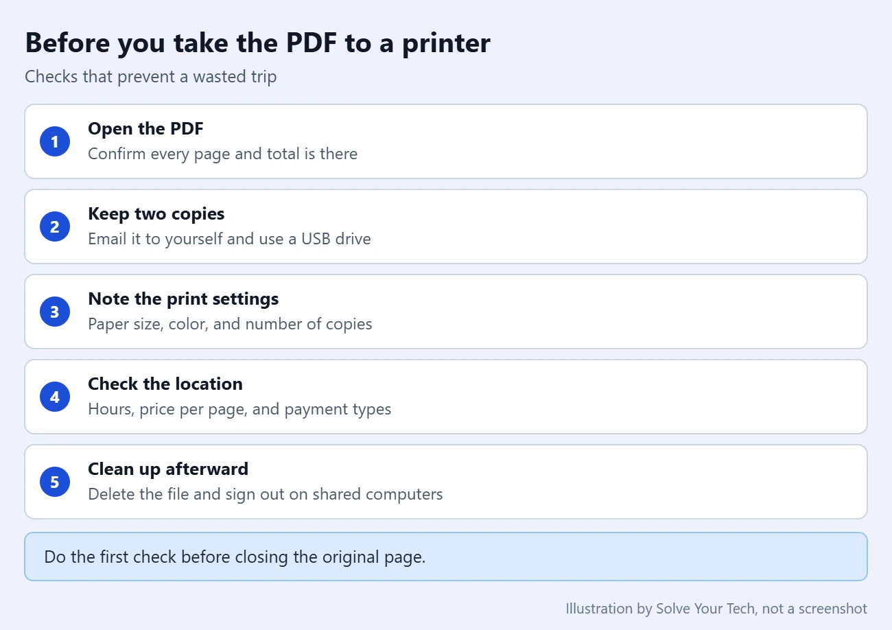 When You Need to Print Something Urgently, But No Printer 2 Checklist of things to do before taking a saved PDF to a library or print shop