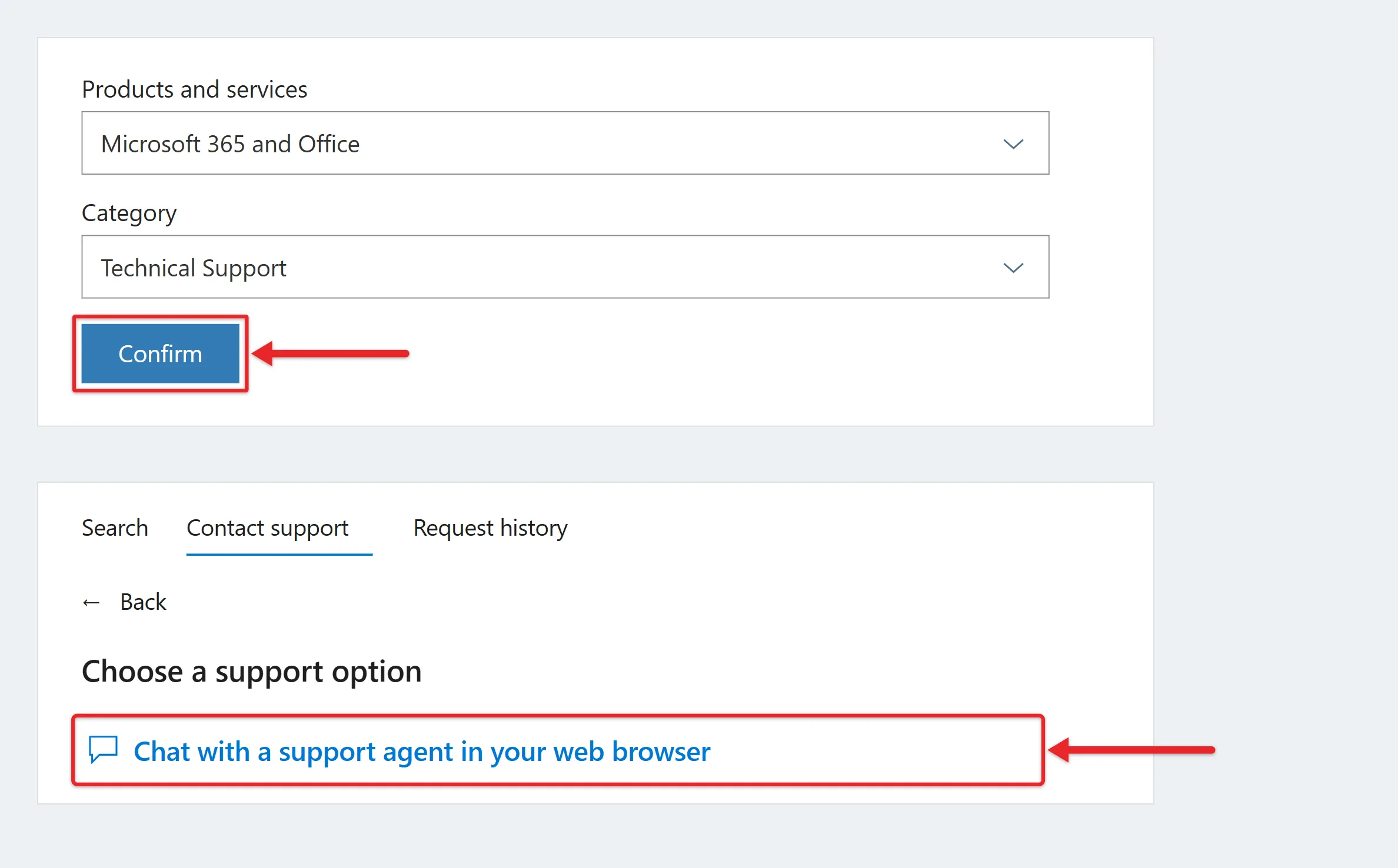 Can I Live Chat with Microsoft Support? Here's How 2 Recreated separate Microsoft Support web details showing product and category selection with Confirm, followed by the Chat with a support agent in your web browser option highlighted in red