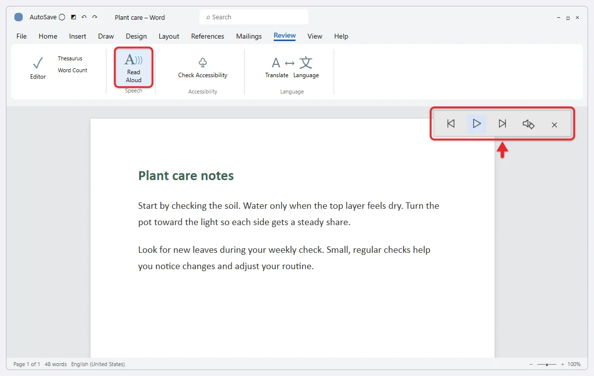 Can Microsoft Word Read to You? How to Use Read Aloud 1 Word Read Aloud controls at the top right with Previous, Pause, Next, settings and Stop buttons