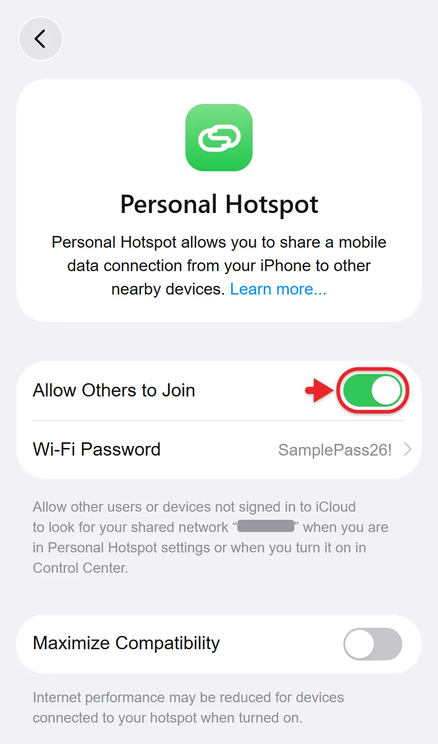 How to Change the Personal Hotspot Password on iPhone 2 Personal Hotspot settings with Allow Others to Join on and the Wi-Fi Password row