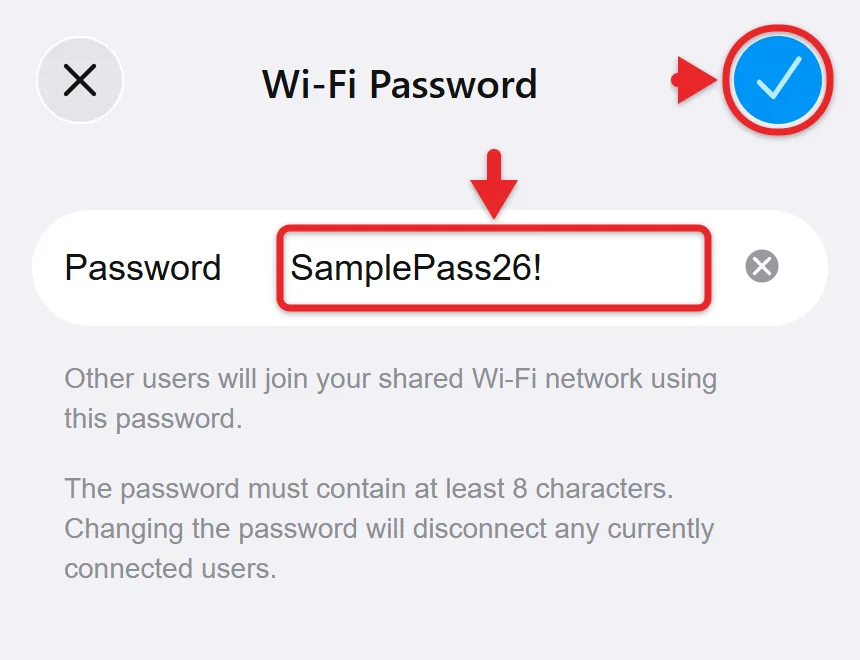 How to Change the Personal Hotspot Password on iPhone 1 Personal Hotspot Wi-Fi Password editor with a fictional password and the blue Done checkmark highlighted