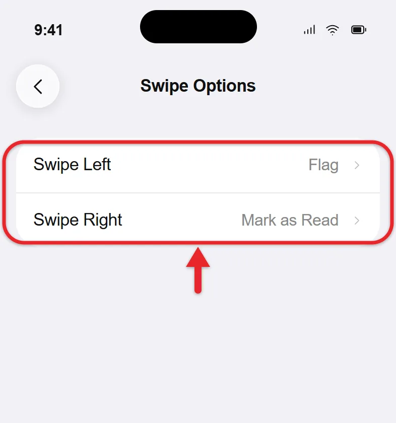 How to Change Mail Swipe Options and Inbox Settings on iPhone 1 iPhone Mail Swipe Options screen with Swipe Left and Swipe Right settings