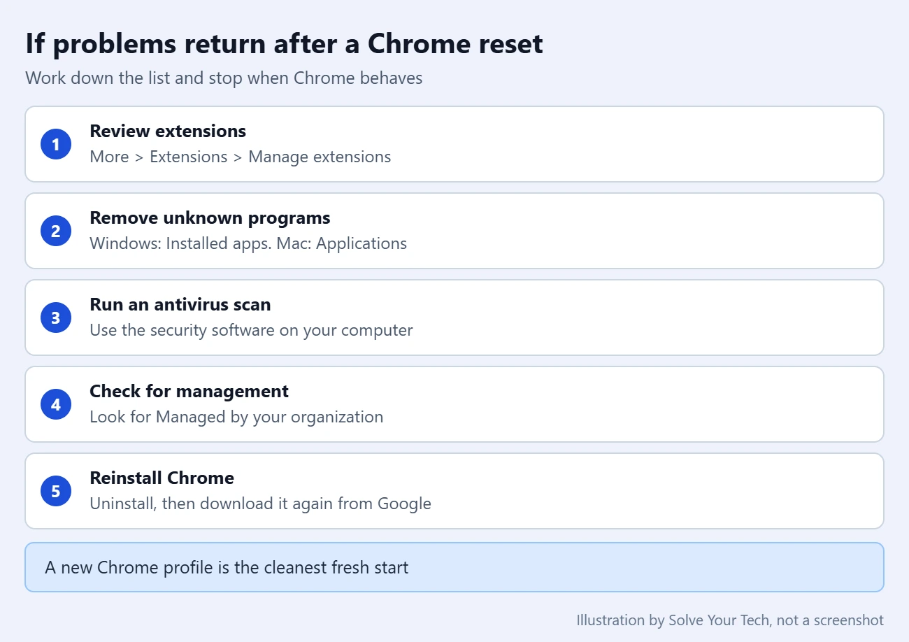 How to Reset Google Chrome to Default Settings 4 Checklist of what to try if Chrome problems return after a reset