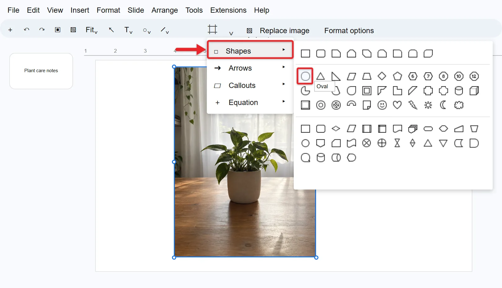 How to Crop (and Edit) a Picture in Google Slides 3 Google Slides mask menu next to the Crop button with Shapes and Oval highlighted