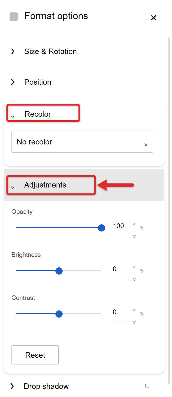 How to Crop (and Edit) a Picture in Google Slides 5 Google Slides Format options panel showing Recolor and Adjustments sliders