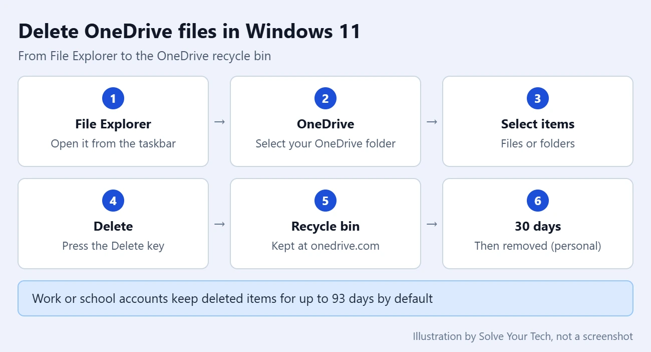 How to Delete Files From OneDrive on Windows 11 1 Step card showing the path to delete OneDrive files in Windows 11 File Explorer and where the deleted files go