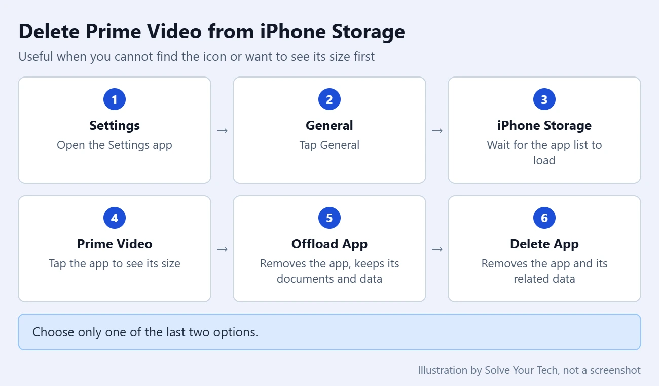 How to Remove Amazon Instant Video from an iPhone 2 Step card showing the Settings path to delete or offload the Prime Video app from iPhone Storage