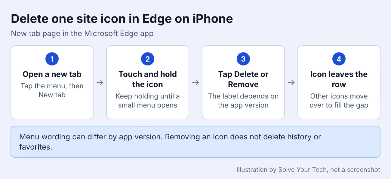 How to Delete a Site Icon from the New Tab Page in the Microsoft Edge iPhone App 1 Four steps to delete a site icon from the new tab page in the Microsoft Edge iPhone app