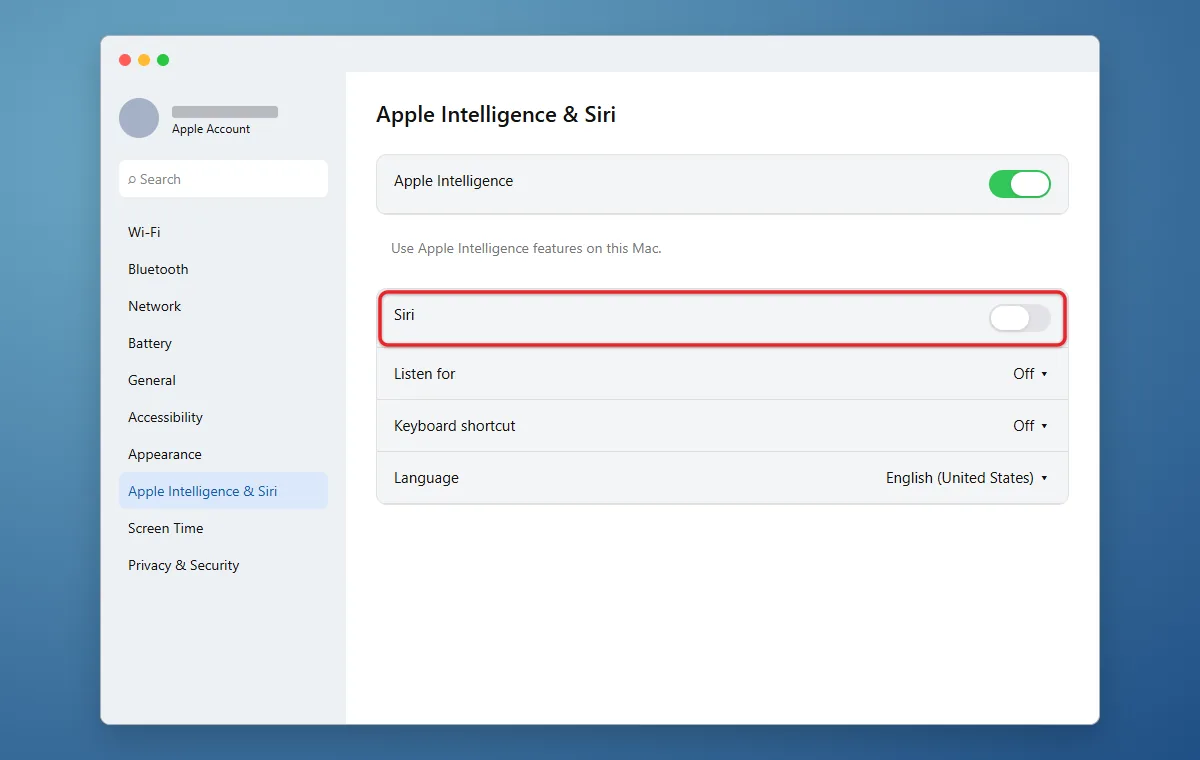 How to Disable Siri on a MacBook Air 2 Siri switch turned off in Apple Intelligence & Siri settings
