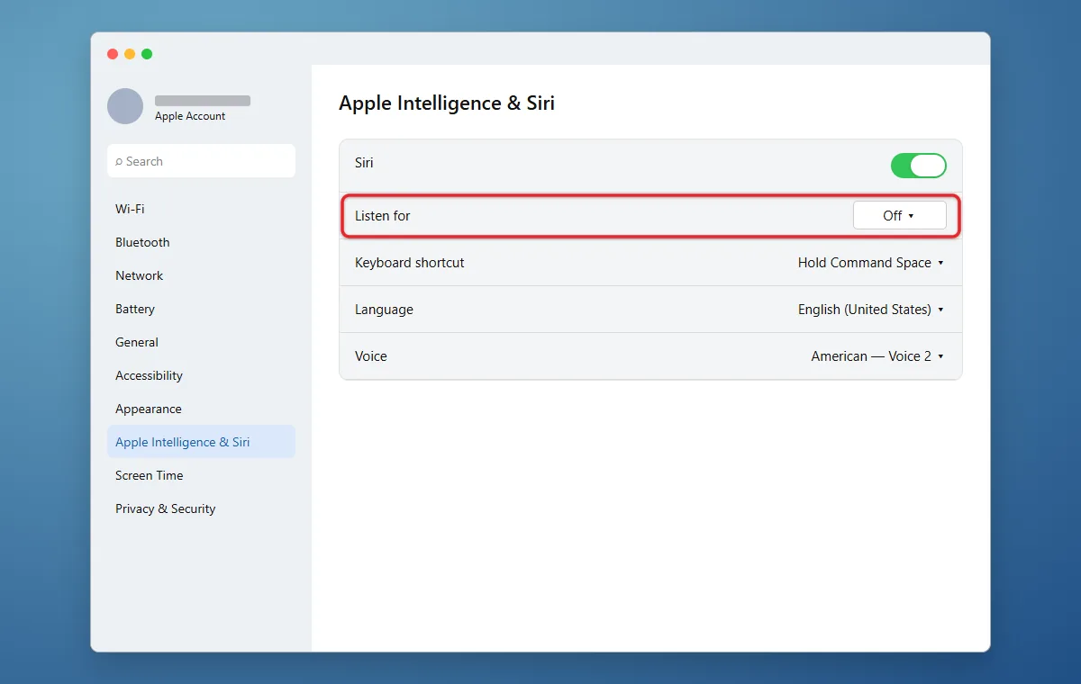 How to Disable Siri on a MacBook Air 3 Listen for option set to Off in Mac Siri settings