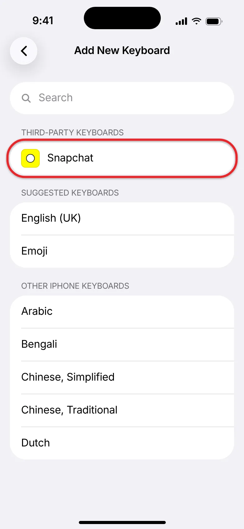 How to Enable the Bitmoji Keyboard on an iPhone 1 iPhone Add New Keyboard screen with Snapchat listed under Third-Party Keyboards