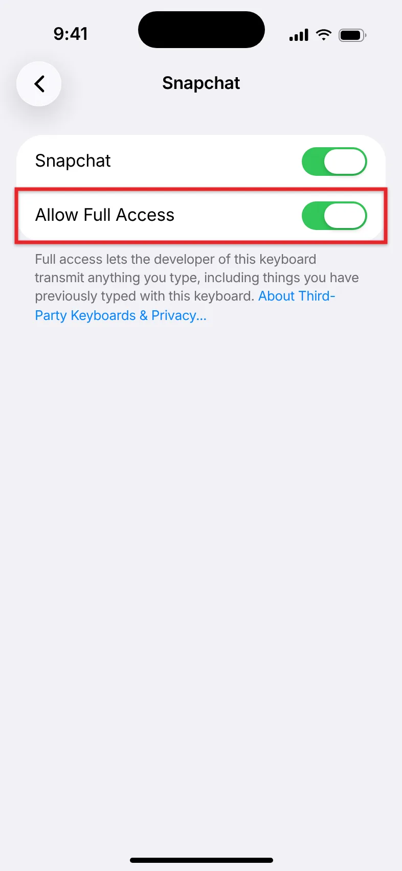 How to Enable the Bitmoji Keyboard on an iPhone 2 Snapchat keyboard settings on iPhone with the Allow Full Access switch turned on