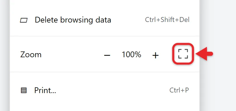 How to Enter Full Screen View in Google Chrome 1 Chrome More menu open with the full-screen square icon at the end of the Zoom row