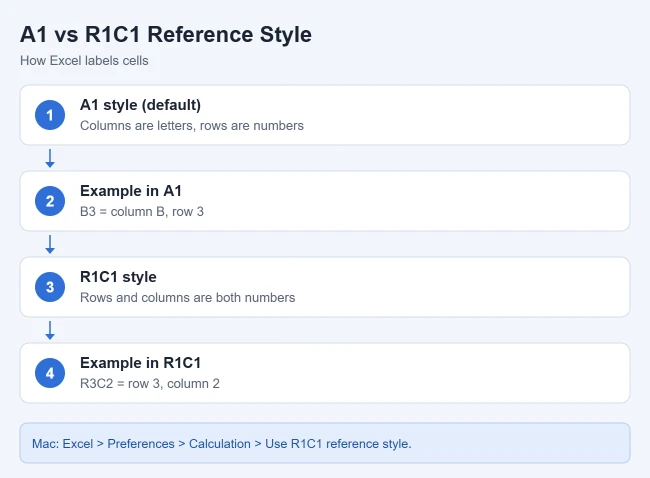 Why Are My Excel Column Labels Numbers Instead of Letters? 2 Card comparing the A1 and R1C1 reference styles in Excel
