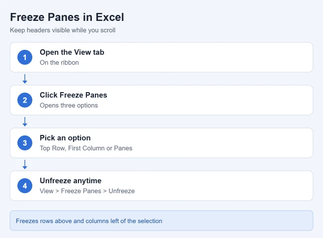 How to Freeze Panes in Excel 2 Card showing View tab, Freeze Panes, Freeze Top Row, First Column or Panes in Excel