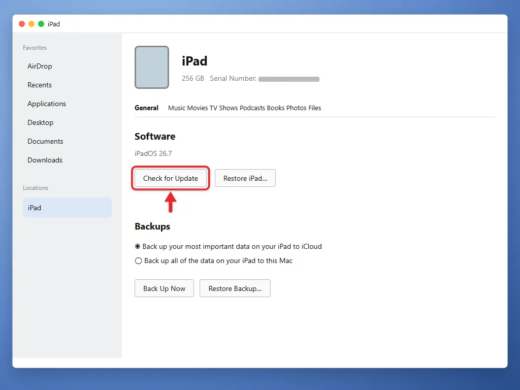 How to Find and Install a Software Update on iPad 3 Finder window showing Check for Update for a connected iPad