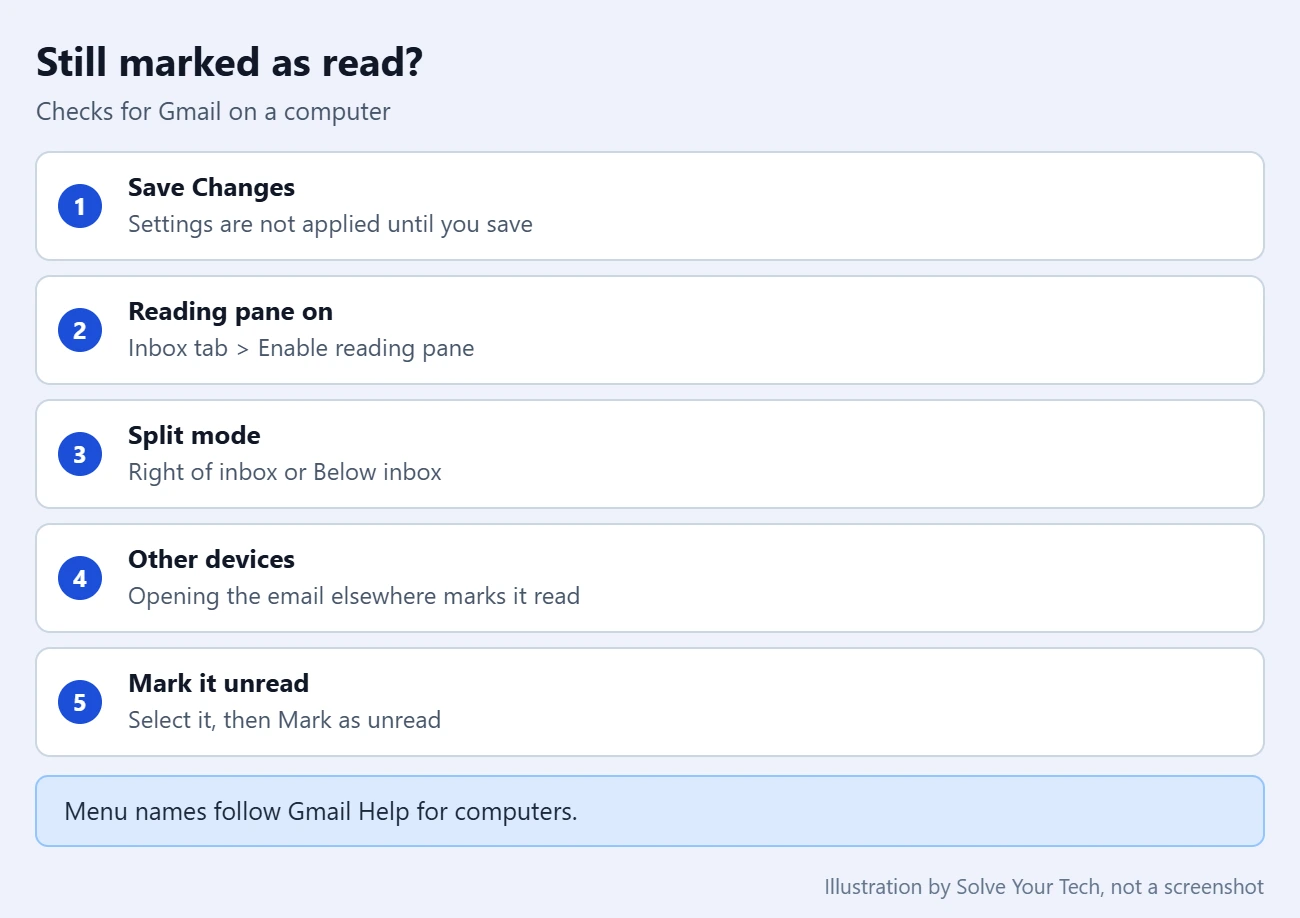 How to Stop Marking a Gmail Conversation as Read if You View it in the Preview Panel 3 Checklist for Gmail emails that are still marked as read after previewing