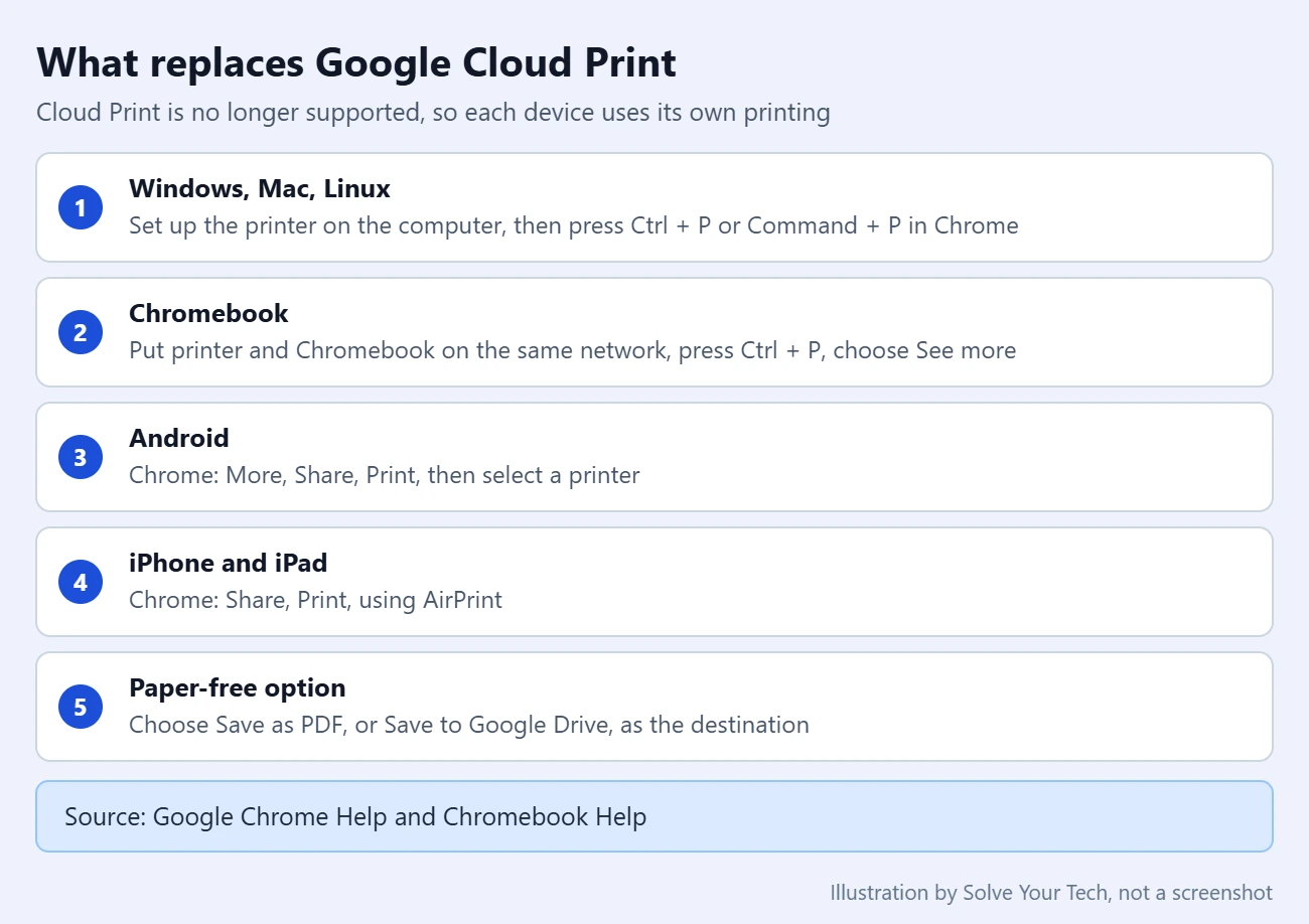 How to Enable or Disable Google Chrome Cloud Print 1 Card listing what replaces Google Cloud Print on a computer, Chromebook, Android, and iPhone or iPad