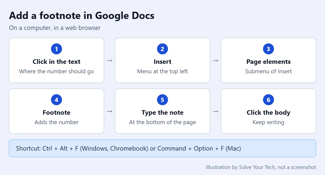 How to Add Footnotes in Google Docs 1 Card showing the steps to add a footnote in Google Docs on a computer: click in the text, Insert, Page elements, Footnote, type the note