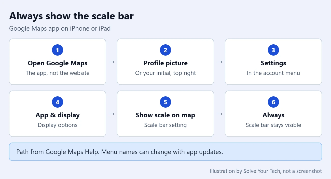 How to Always Show Scale in Google Maps on an iPhone 1 Six steps to always show the scale bar in the Google Maps app on an iPhone