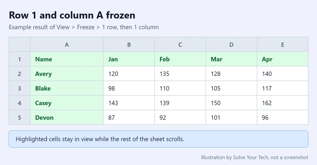 How to Freeze Columns (or Rows) in Google Sheets 1 Example Google Sheets grid with row 1 and column A frozen and highlighted