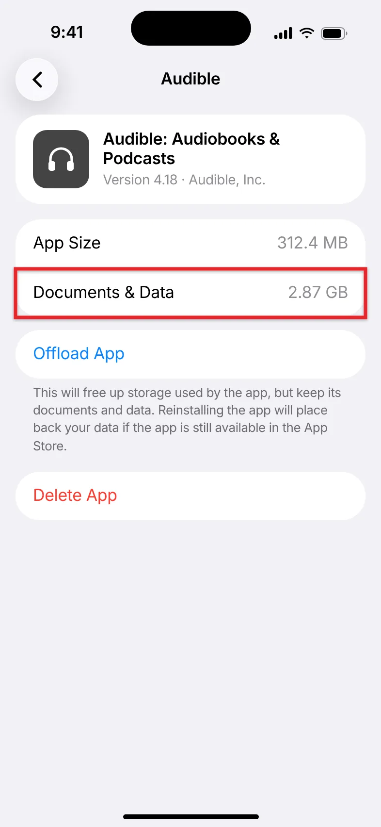 How Big Is an Audible File on an iPhone? 1 iPhone Storage screen for the Audible app showing App Size and Documents & Data