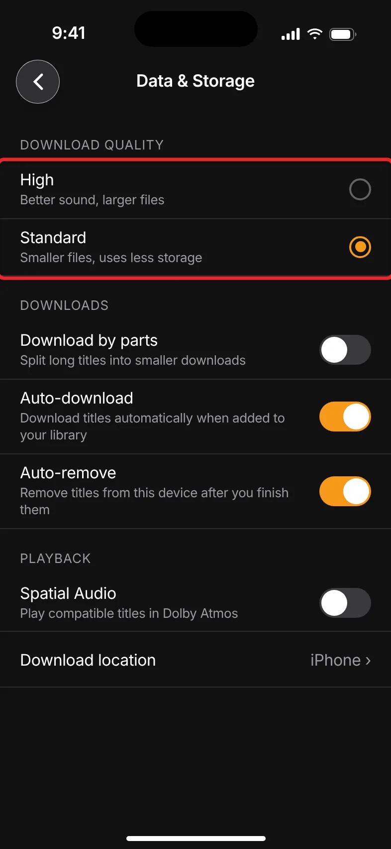 How Big Is an Audible File on an iPhone? 2 Audible Data & Storage settings on iPhone with Standard download quality selected